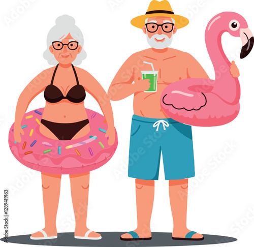 Elderly couple enjoying a sunny day at the poolside in flat design vector art with playful elements and summer vibes