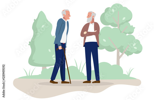 Old friends - Two senior retired men meeting outdoors getting fresh air and talking together. Flat design vector illustration