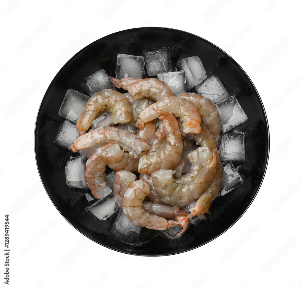 Fresh raw shrimps with ice cubes in bowl isolated on white, top view Fresh raw shrimps with ice cubes in bowl isolated on white, top view