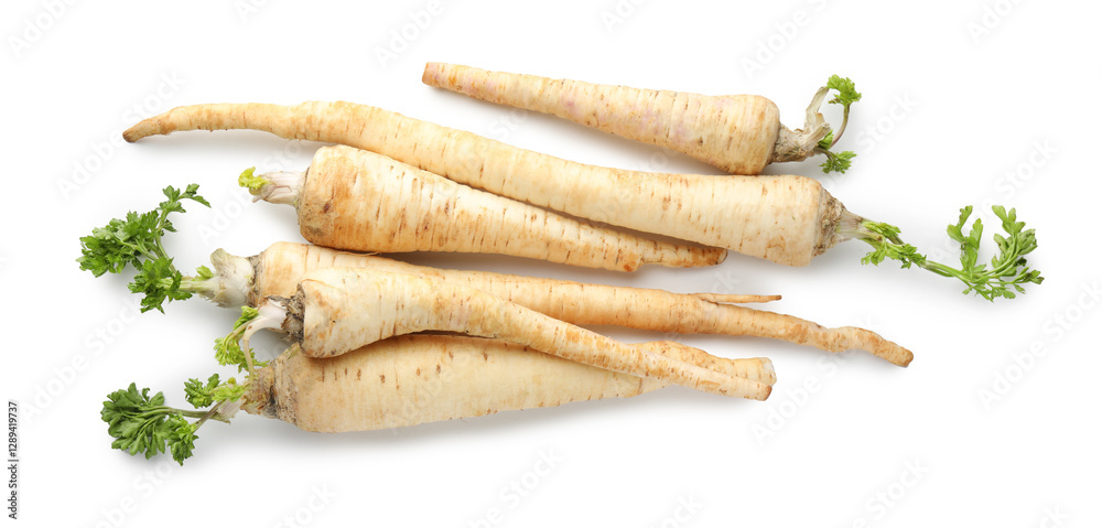 Many fresh parsley roots isolated on white, top view Many fresh parsley roots isolated on white, top view