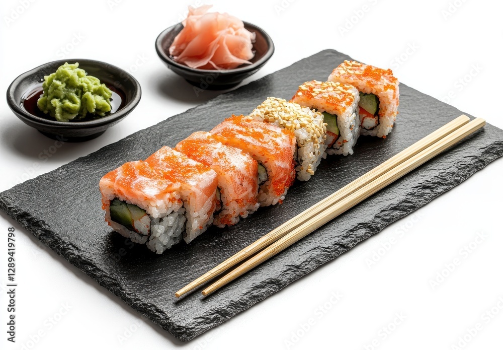 Freshly Made Sushi Rolls on Slate Plate with Wasabi and Pickled Ginger for a Delicious Culinary Experience of Japanese Cuisine Freshly Made Sushi Rolls on Slate Plate with Wasabi and Pickled Ginger for a Delicious Culinary Experience of Japanese Cuisine