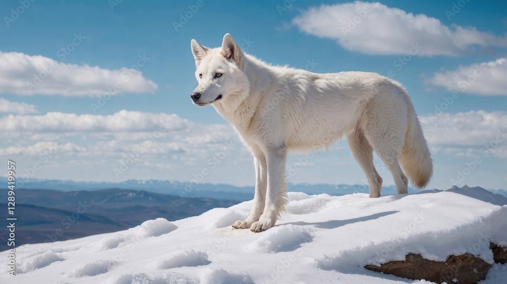 Obraz premium majestic white wolf standing atop a snowy hill with a clear blue sky, embodying strength, freedom, and the beauty of the wilderness