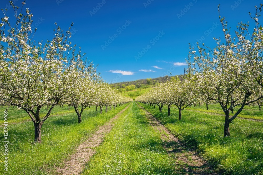 A serene orchard path lined with flowering trees under a clear blue sky, creating a peaceful countryside vista. The trees are blossoming. A serene orchard path lined with flowering trees under a clear blue sky, creating a peaceful countryside vista. The trees are blossoming.