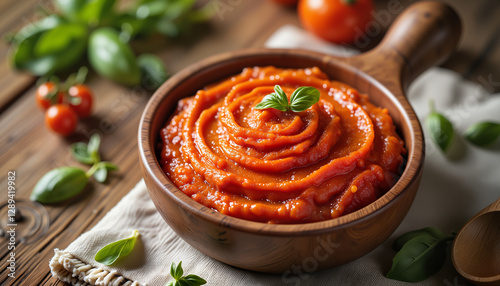 Vibrant red harissa paste in rustic bowl on wooden table, culinary delight