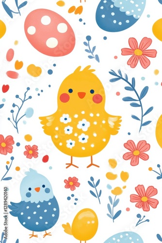 Charming seamless Easter pattern showcasing eggs, chicks, flowers, and vibrant colors