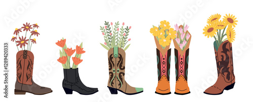 Cowboy boots with floral bouquets inside. Different flowers, tulips chamomile sunflowers. Garden decorations, brutal boot and flower, vector set
