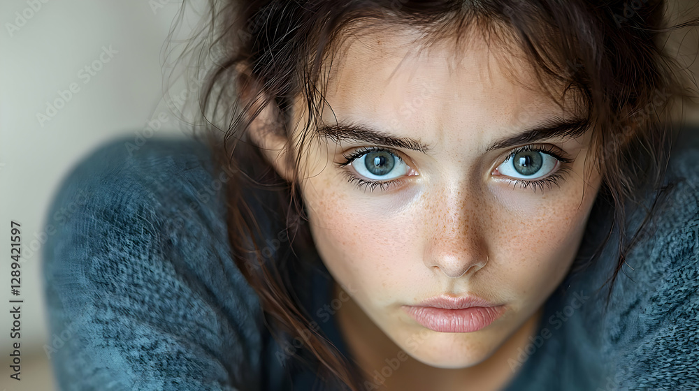 Fototapeta premium Close-up portrait young woman, serious expression, indoor setting, neutral background, ideal for fashion or beauty