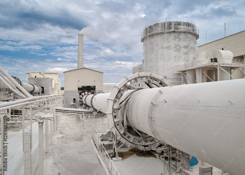 Obraz premium Limestone burning rotating furnace with large pipe at plant