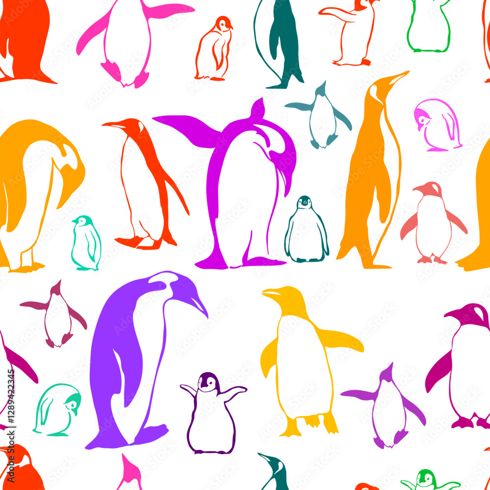 Obraz premium Seamless background penguins. hand drawing. Not AI, Vector illustration