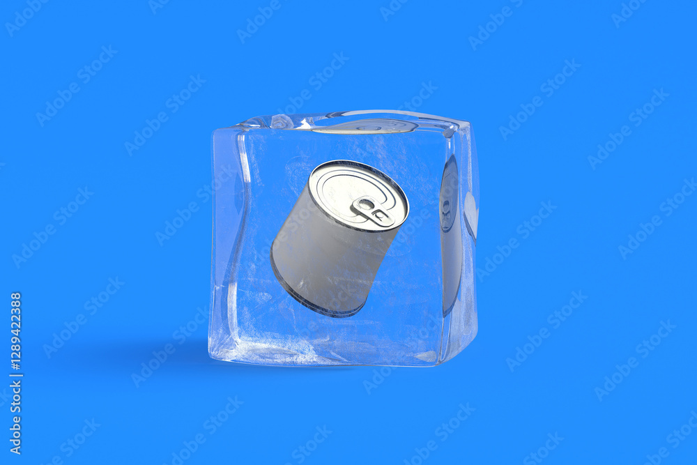 Tin with canned food in ice cube. 3d illustration Tin with canned food in ice cube. 3d illustration