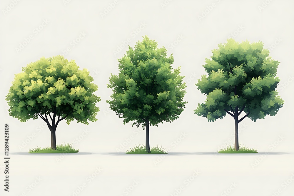 Obraz premium Three Vibrant Green Trees Against a Light Background