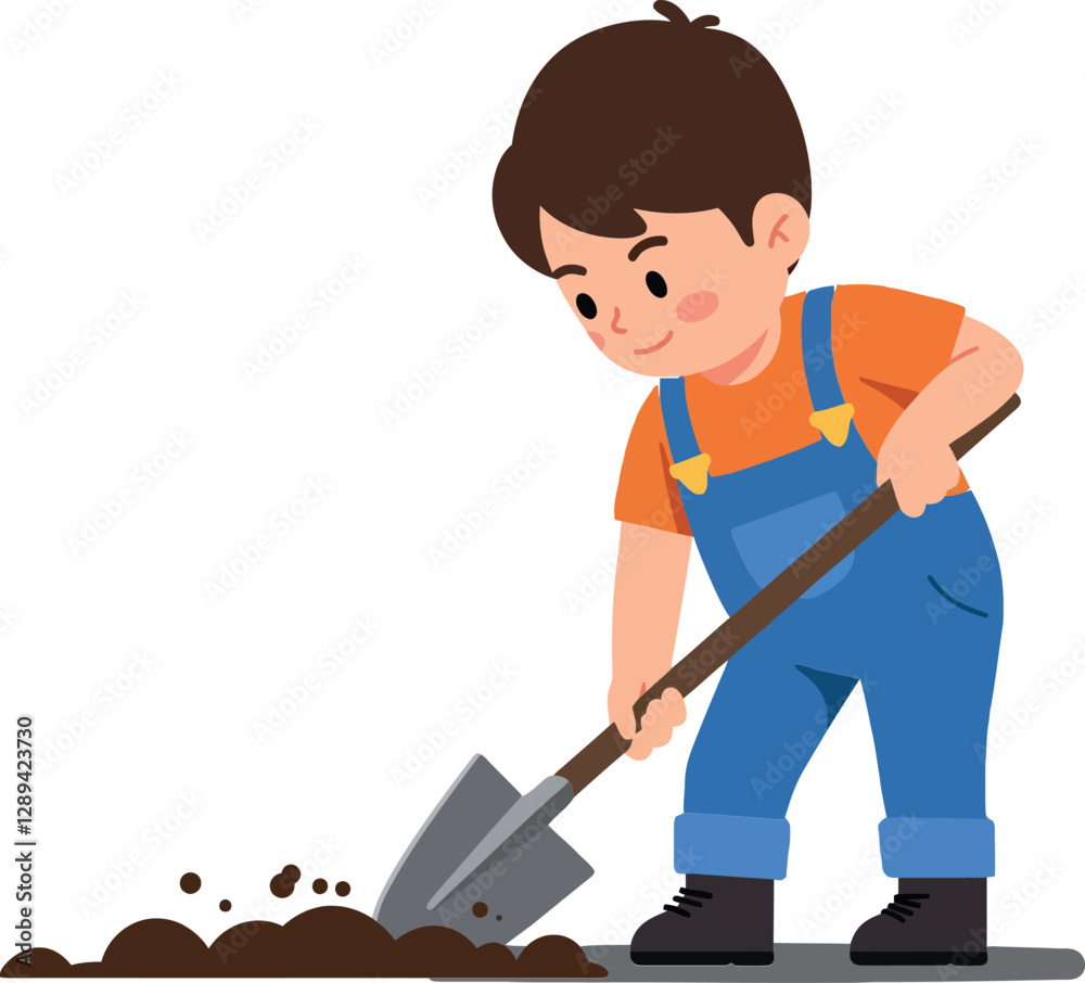 A young boy in blue overalls digging with a shovel in brown soil, showcasing a playful and cheerful mood in flat vector art A young boy in blue overalls digging with a shovel in brown soil, showcasing a playful and cheerful mood in flat vector art