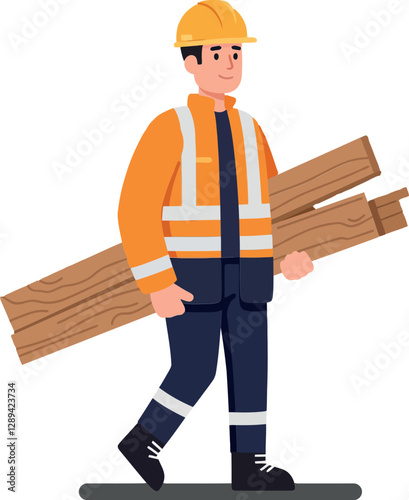 Construction worker in safety gear carrying wooden planks in a flat design style vector illustration