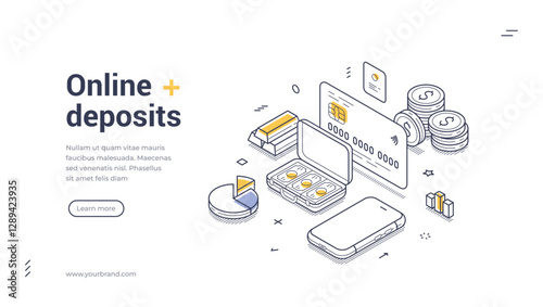 Web banner highlights the concept of online deposits through line art featuring a smartphone, credit card, and various financial elements. Ideal for digital financial services. Vector illustration