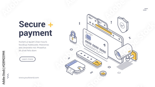 Secure payment methods web banner template. It includes visual elements like credit cards, locks, and security cameras, promoting online safety. Vector illustration