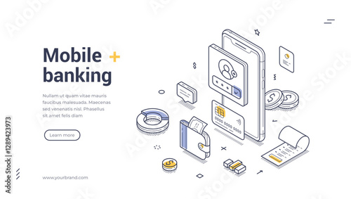 Isometric web banner template showcases mobile banking features with illustrative elements like a smartphone, payment icons, and financial documents. Ideal for tech and finance presentations.