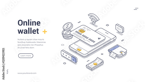 Isometric banner template features an online wallet system with mobile phone and various financial icons. It highlights digital transactions and modern payment methods for users
