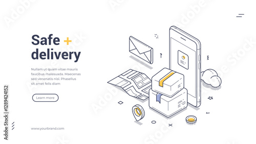 Safe delivery web banner template. The layout includes a smartphone, packages, an envelope, and a map, ideal for logistics services. Modern vector isometric illustration