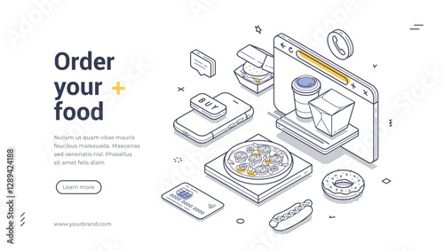 Online meal delivery concept. Web banner template features isometric line art showcasing food ordering elements such as meals, drinks, and a delivery interface. Food services online