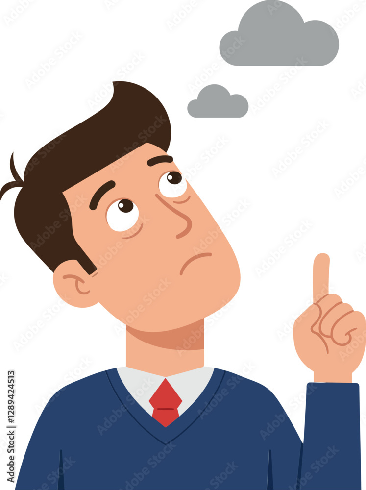 Thoughtful businessman in a blue sweater contemplating gray clouds above him in a flat vector illustration Thoughtful businessman in a blue sweater contemplating gray clouds above him in a flat vector illustration