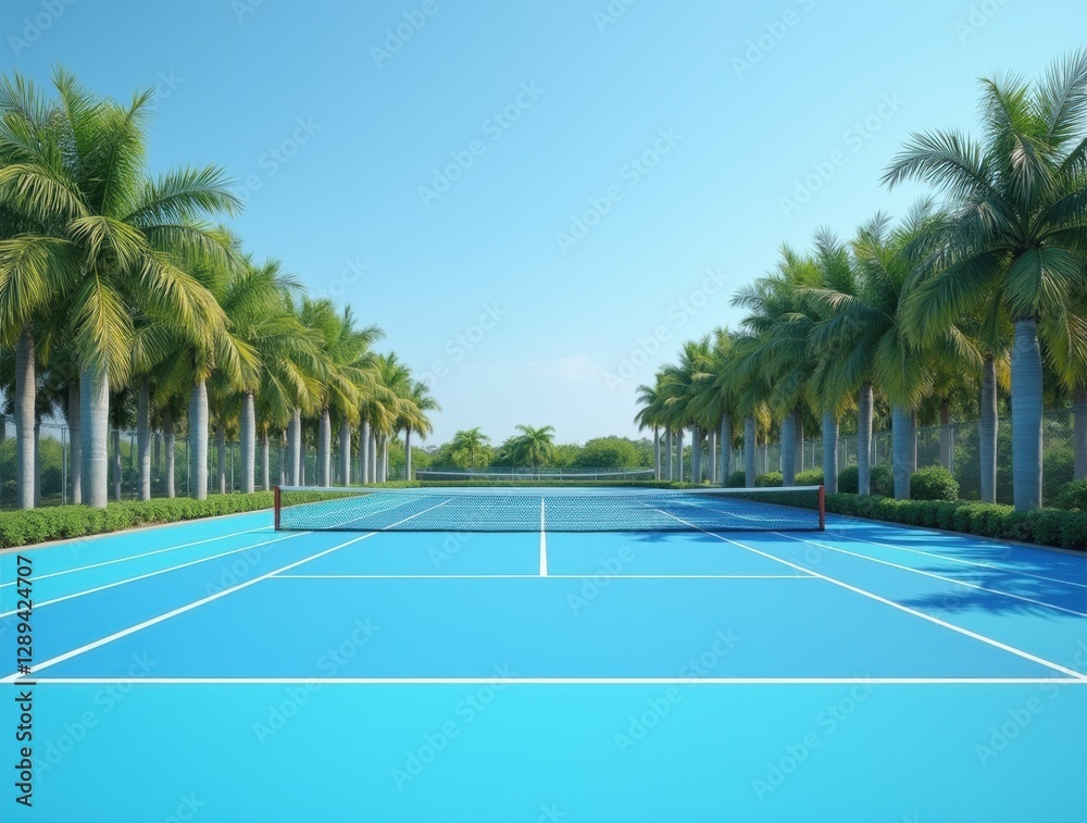 Fototapeta premium A pristine blue tennis court at the Miami Open venue, framed by tropical palm trees against a clear sky, perfect as a versatile sports background.