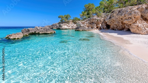 Pristine Mediterranean Beach Cove; Turquoise Water, Sandy Shore, Pine Trees, Sunny Day. Use Stock Photo