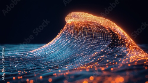 A glowing wave of grid structures crashing like a tsunami