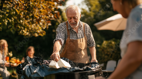 Elderly Neighbor Disposing of Tofu into a Garbage Bin During a Vibrant BBQ Event, Capturing the Contrast of Food Choices in a Social Gathering