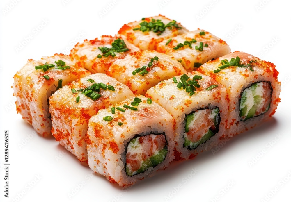 Freshly Prepared Japanese Sushi Rolls with Salmon, Cucumber, Cream Cheese and Topped with Colorful Spices on a White Background Freshly Prepared Japanese Sushi Rolls with Salmon, Cucumber, Cream Cheese and Topped with Colorful Spices on a White Background