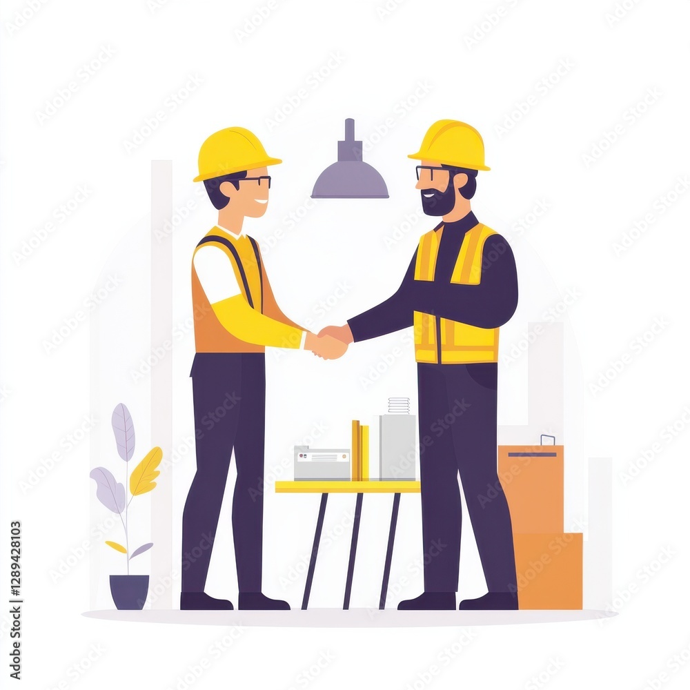Minimalist flat vector art of engineer and client handshake Minimalist flat vector art of engineer and client handshake