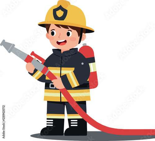 Cheerful young firefighter in flat design holding a fire hose while smiling, showcasing bravery and readiness in vector illustration