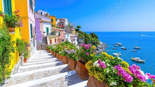 Colorful coastal Italian village steps, boats, sea view, summer travel