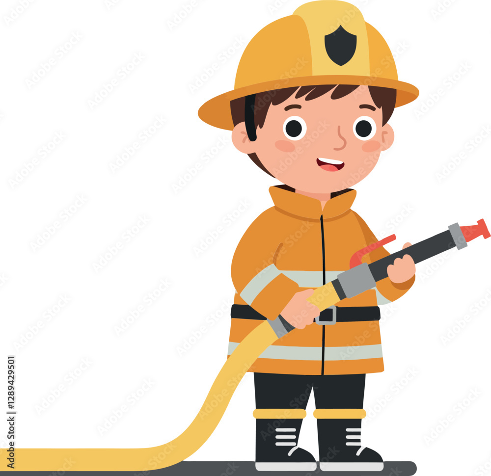 Young firefighter character in vibrant orange uniform with helmet, holding a hose, cheerful expression, flat design vector illustration Young firefighter character in vibrant orange uniform with helmet, holding a hose, cheerful expression, flat design vector illustration