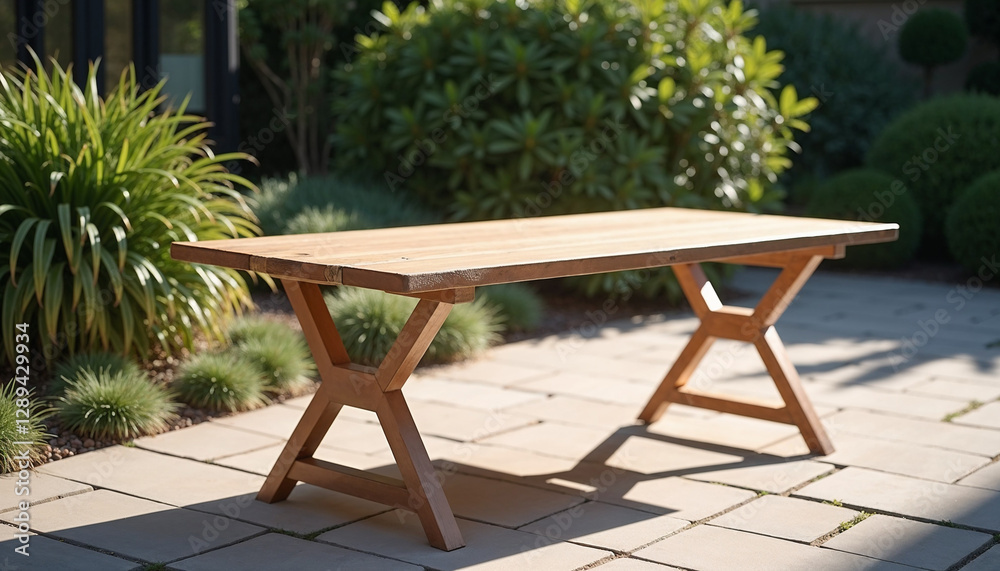 Light Brown Wooden Table on a Paved Patio Light Brown Wooden Table on a Paved Patio