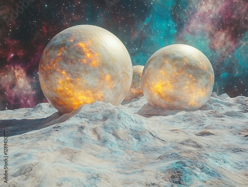 Three glowing spheres on a alien landscape
