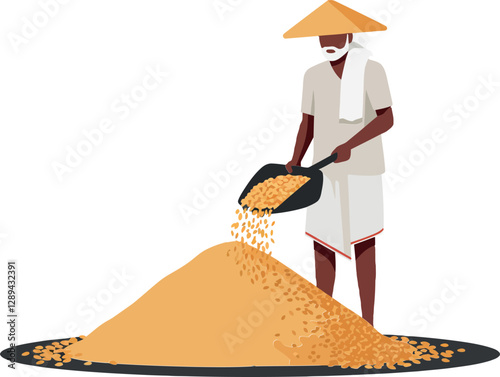 A farmer in traditional attire pouring grains from a scoop onto a large mound, depicted in a minimalistic vector illustration style, showcasing rural life and hard work in vector art