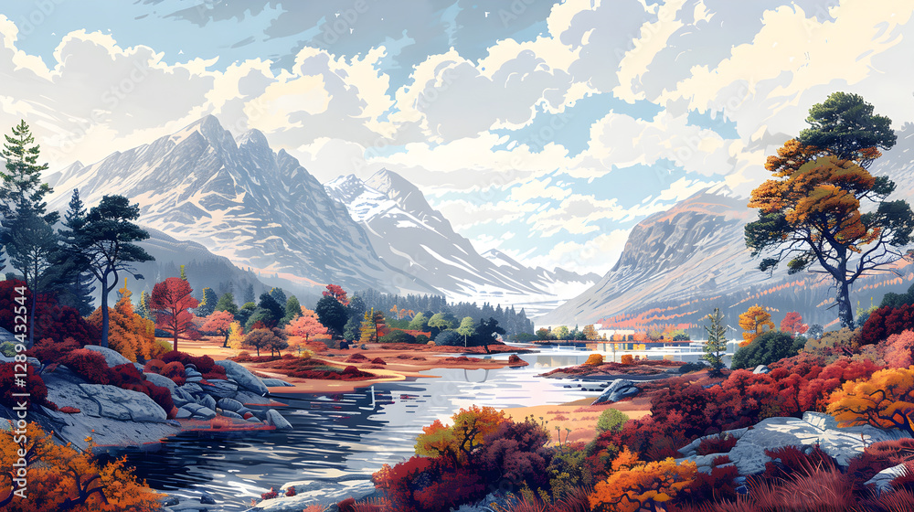 Obraz premium Panoramic Landscape Scene Transitioning from Raster to Vector Graphics Displaying Scalability and Clarity