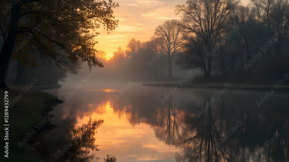 Reflection of trees in river water. Symmetry in nature at dusk. Capturing ultra-realistic landscapes. Aesthetic river scenes at sunset. Reflection of trees in river water. Symmetry in nature at dusk. Capturing ultra-realistic landscapes. Aesthetic river scenes at sunset.
