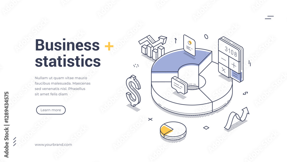 Naklejka premium Web banner features an isometric design showcasing various statistics elements, including pie charts, dollar signs, and a calculator. It serves as an engaging template for business presentations.