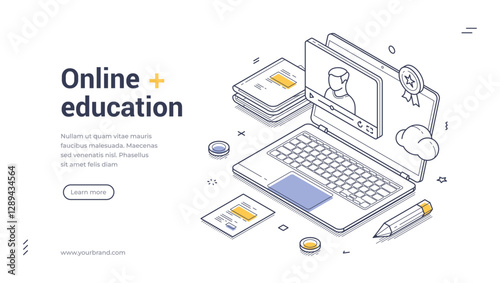 Isometric web banner template illustrates the concept of online education. It features a laptop with a virtual class, educational materials, and clean line art. Vector illustration