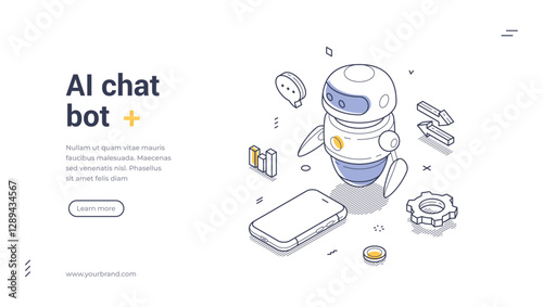 Friendly AI chat bot web banner template. Includes various elements like a smartphone and icons, suitable for digital marketing. Modern isometric vector illustration