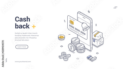 Cash back rewards concept web banner template. It includes a smartphone displaying a credit card, coins, and boxes representing financial transactions. Vector illustration