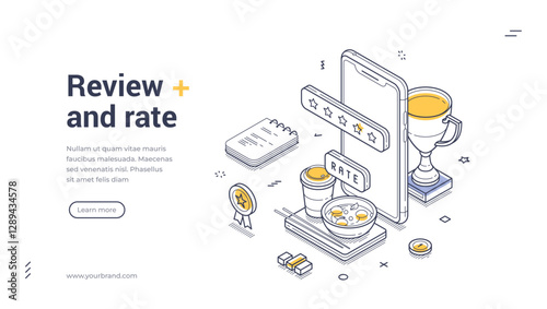 Web banner template features an isometric design showcasing elements such as a smartphone displaying a rating, a trophy, and a review pad, perfect for promoting feedback engagement