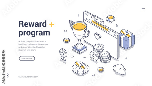 Reward program concept with icons including a trophy, coins, and gift boxes. Ideal for enhancing web design. Isometric web banner template vector illustration