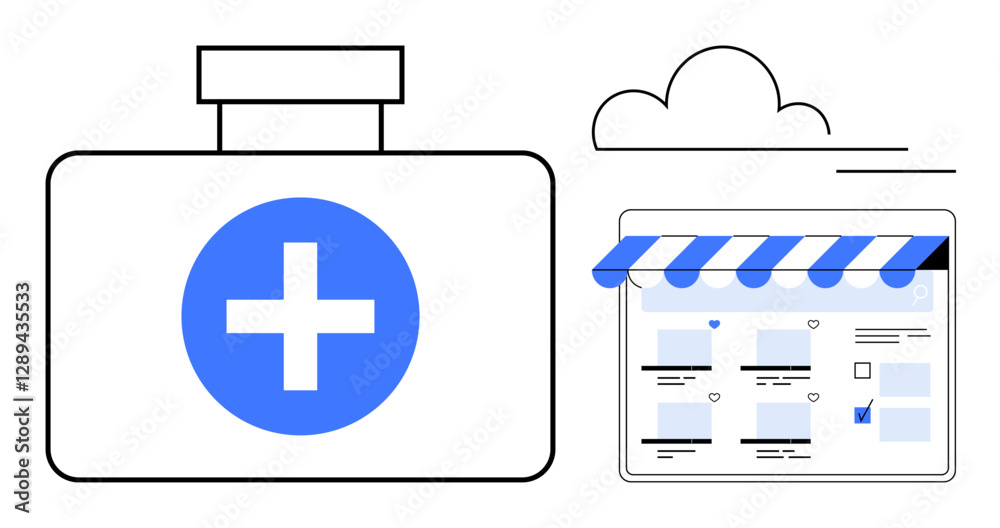Obraz premium Medical kit with blue cross next to an online storefront with health-related items. Ideal for telemedicine, e-pharmacy, healthcare apps, digital health services, online consultations, medical