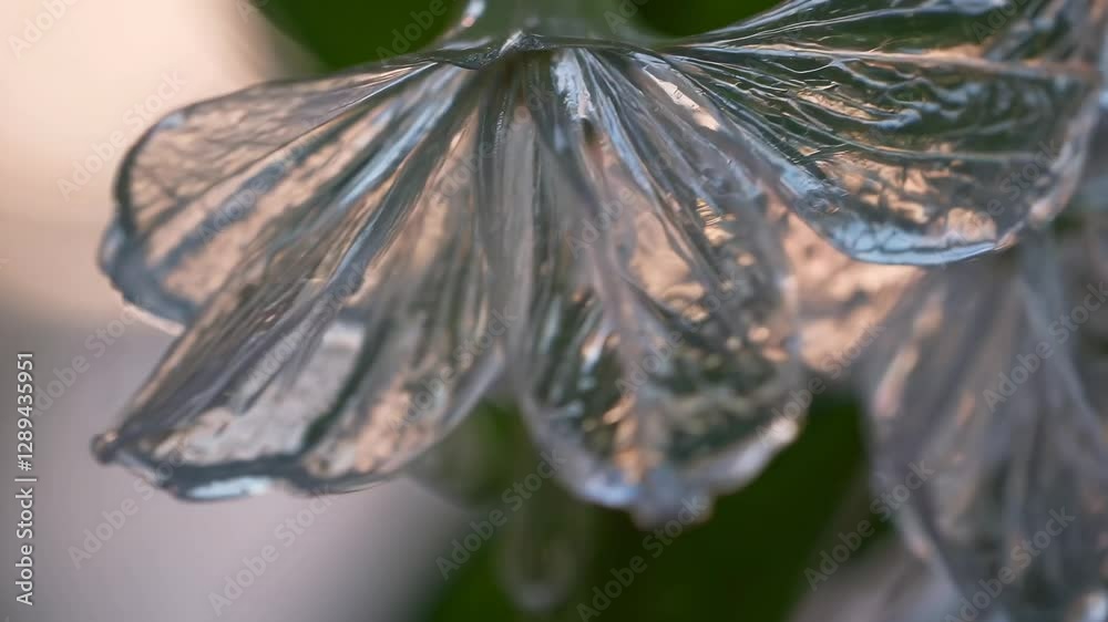 Close-up video of a translucent leaf, capturing intricate textures and details. Shot from a low angle, emphasizing the leaf's delicate structure.