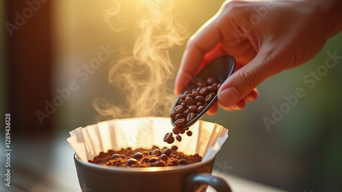 Ground coffee beans being scooped into a filter photo