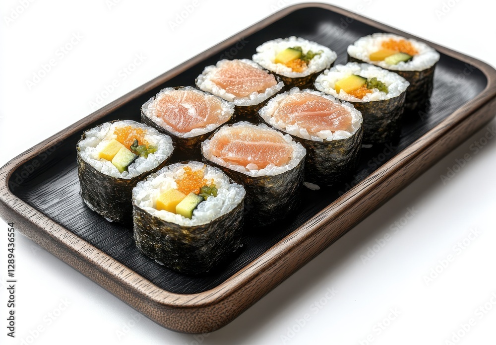 Freshly Prepared Sushi Rolls on a Wooden Serving Plate with Assorted Ingredients Including Salmon, Avocado, and Tobiko for Culinary Presentation Freshly Prepared Sushi Rolls on a Wooden Serving Plate with Assorted Ingredients Including Salmon, Avocado, and Tobiko for Culinary Presentation