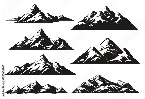 Various mountain silhouettes in black and white
