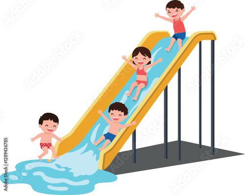 Children joyfully sliding down a bright yellow water slide in a fun, playful, and colorful flat vector illustration